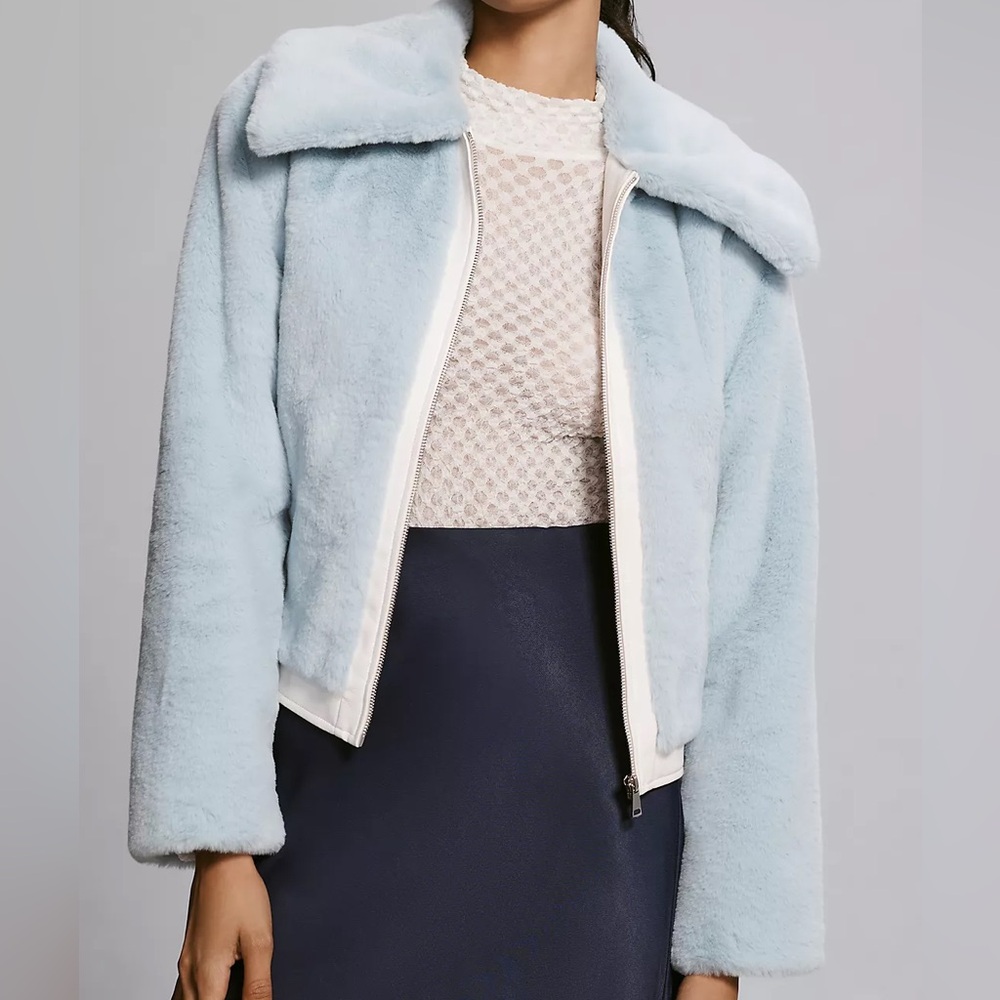 Maeve by Anthropologie Jacket Women’s Large Light Blue Faux Fur Vegan Leather